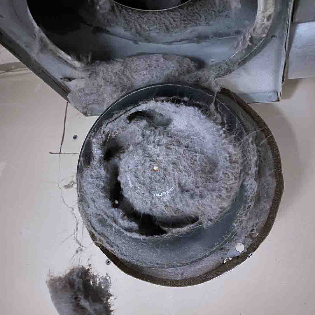 Lint trapped in a booster fan of a dryer.