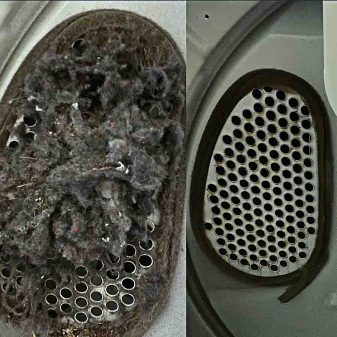 A before-and-after side-by-side of the open back of a dryer. On the left there is lint build up in side the machine and on the ventilation holes. On the right, the machine has been cleaned and is lint free.