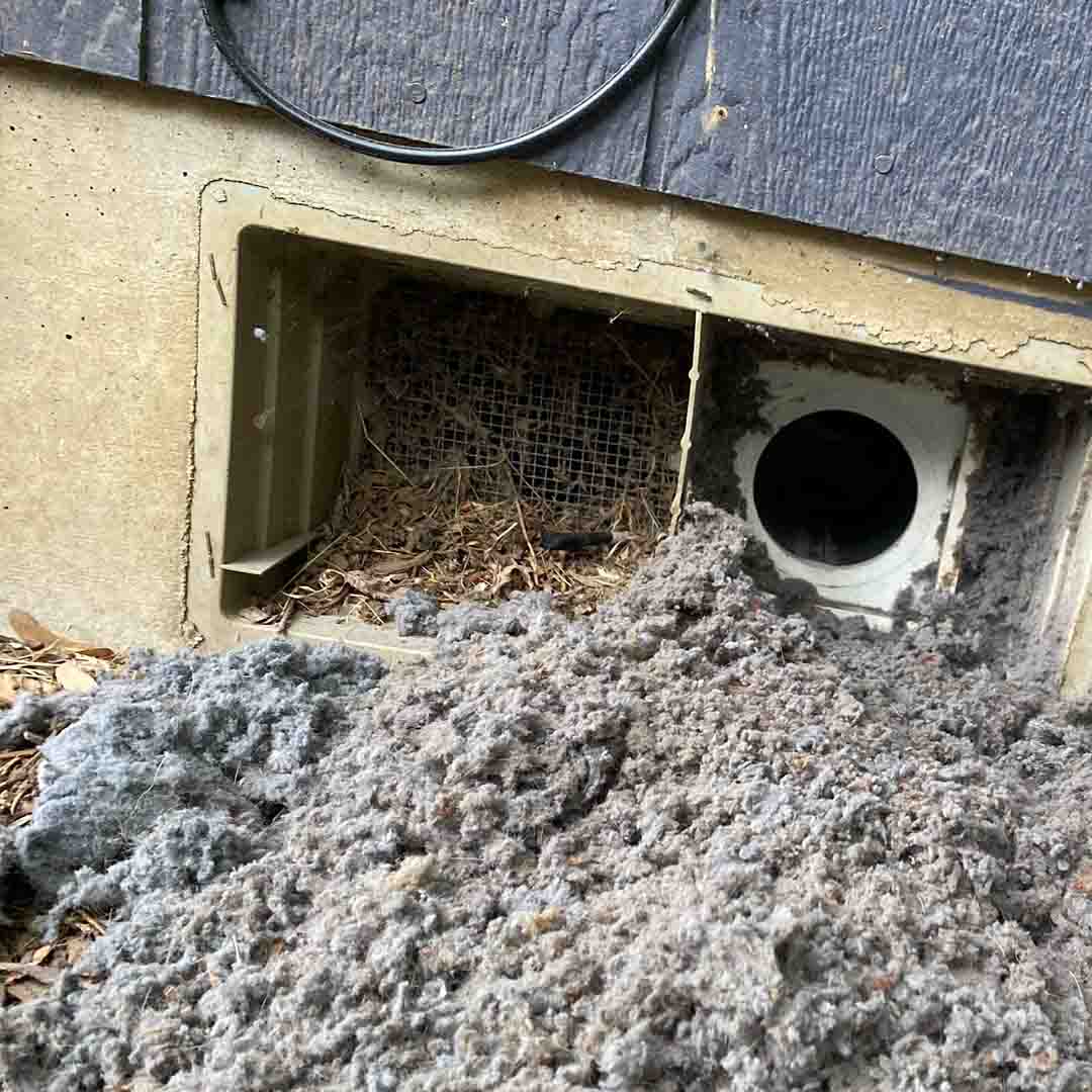 Lint lays on the ground after a technician has cleaned out the lint trap and interior of a dryer.