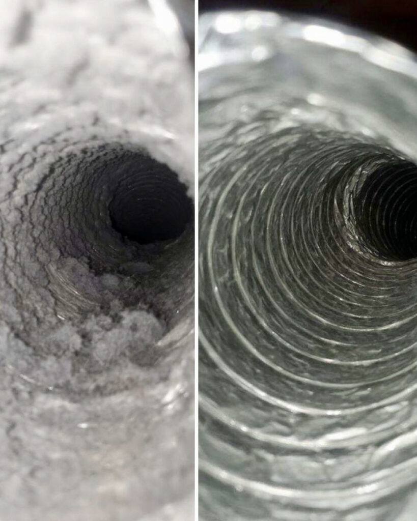 A before-and-after side-by-side of a dryer vent pipe. On the left there is lint build up in side of the pipe . On the right, the machine has been cleaned and is lint free.