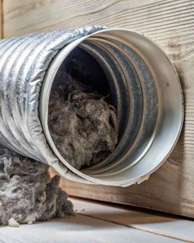 An up-close image of a silver metal dryer vent hose with lint build up inside.