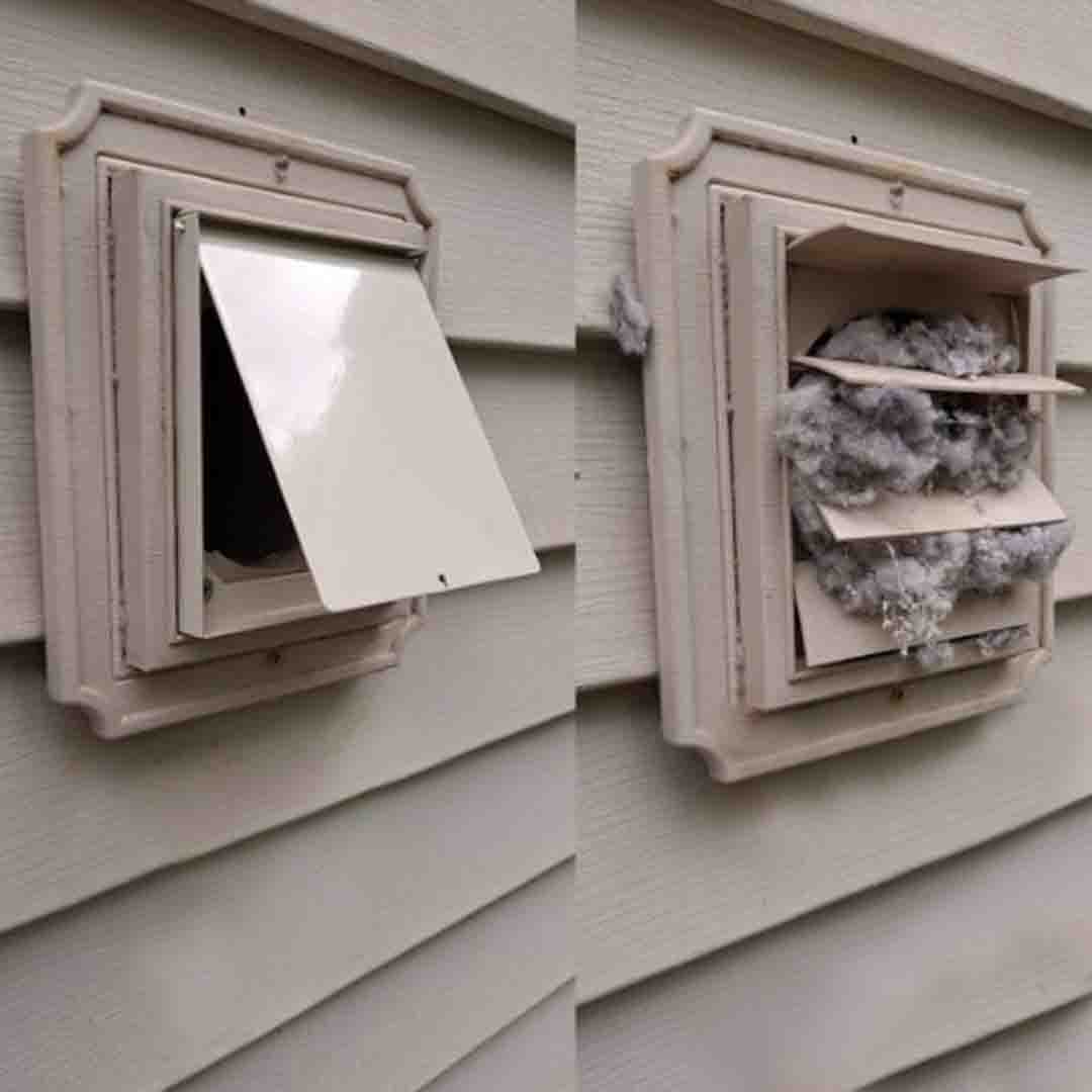 A before-and-after side-by-side of a dryer vent cover on the outside of a home. On the right there is lint build up in that pours out the opening and prevents the vent from closing properly. On the left, the cover has been cleaned and is lint free.